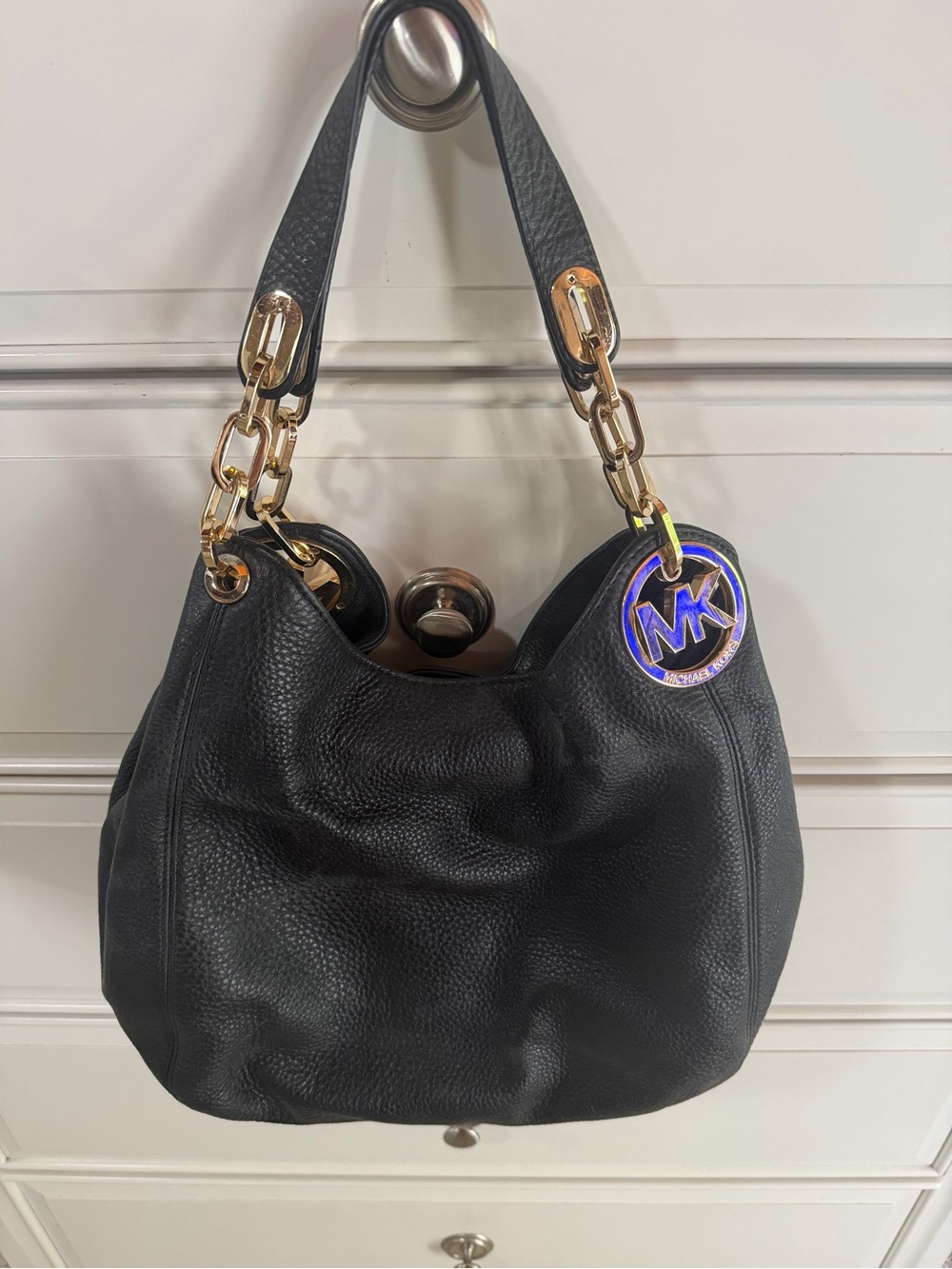 Michael Kors Black Pebbled Leather Hobo Shoulder Bag with Gold Hardware